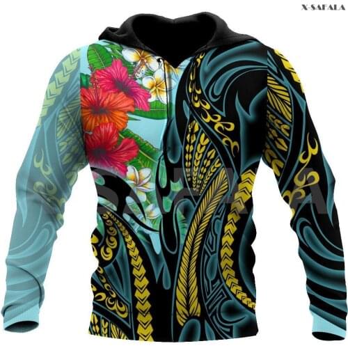 Polynesia Hibiscus Turquoise Gold Tribal 3D Over Printed Hoodie Man Women Unisex Outwear Zipper Pullover Sweatshirt Casual