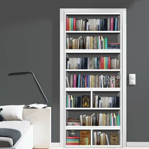 Self Adhesive Renew Home Decor 3D Bookcase Door Sticker Print Art Waterproof Wallpaper Mural Wardrobe Renovation Decal Picture