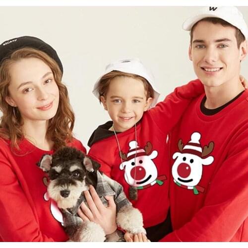 Family Matching Outfits Winter Christmas Cartoon Big Red Nose Elk Print Sweater T Shirt Father Mother Kids Boy Girl Home Clothes