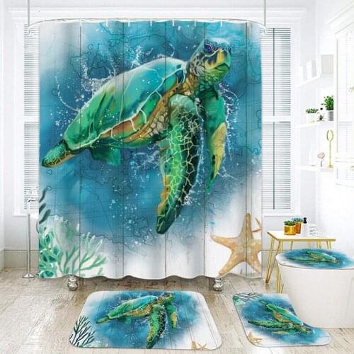 Blue Shower Curtain Nature Ocean Turtle Bathroom Curtain Set with Hooks Waterproof Fabric Curtain Carpet Toilet Lid Cover Decor