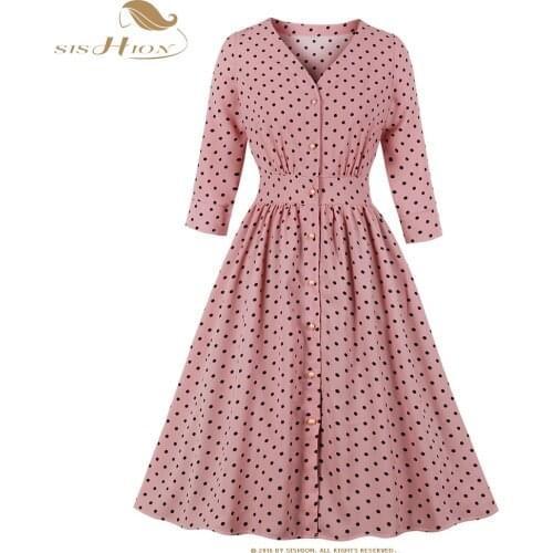 SISHION 3/4 Sleeve Elegant Pink Dress SP0757 Swing Vintage Women Slim Polka Dot Autumn Dress