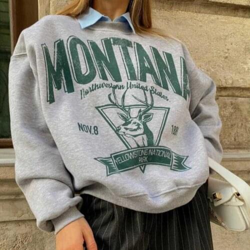 American Vintage Autumn Grey Thick Crewneck Sweatshirts Long Sleeve Mountain Deer Print Pullover Cotton Loose Casual Jumper