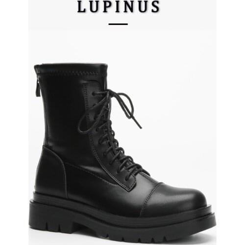 Chunky Platform Lace-up Ankle Boots Women British Style Stretch Boots Women Black Round Toe Autumn Boots Female 2021 New