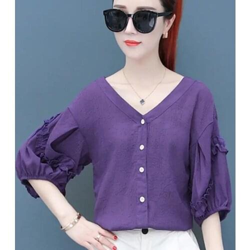 Women Spring Summer Style Chiffon Blouses Shirts Lady Casual Loose Style Short Lantern Sleeve V-Neck Blusas Tops ZZ0299