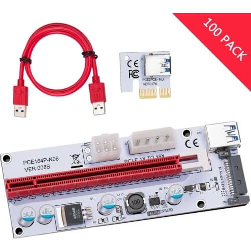 100PCS 008s PCI-E Express Cable 1X TO 16X Graphics Extension Ethereum ETH Mining Powered Riser Adapter Card 60cm USB 3.0 Cable
