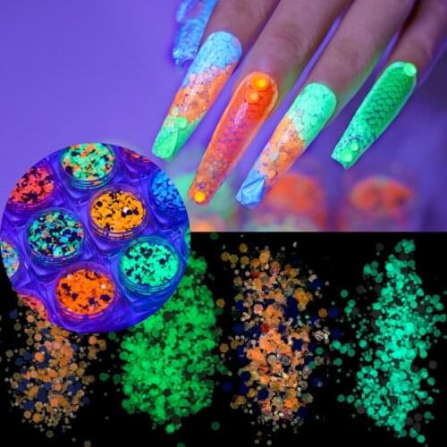 12Jars Luminous Nail Glitter Chunky Sequins Set 3D Fluorescent Nail Glitter Flakes Glow In Dark Hexagon Mixed-Size Sequins