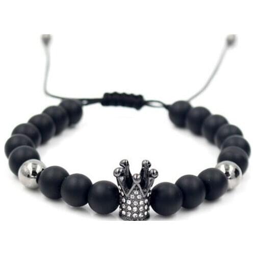 8mm hfh3 micro pave cz zircon cubic zirconia elastic adjusted Charm nature Black stone lava bead Crown Charm Bracelet