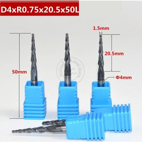 Free shippingR0.75*D4*20.5*50L CNC Tungsten solid carbide Tapered Ball Nose End Mill taper and cone end mills,woodworking router