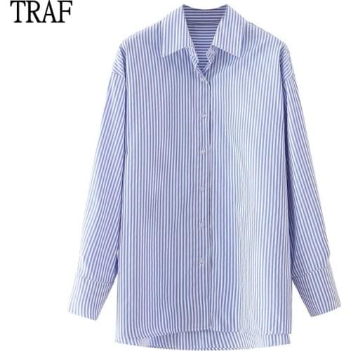 TRAF Summer Blouse Za 2021 Fashion Striped Print Long Sleeve Simple Blue Shirts Woman Lapel Loose Oversized Chic Blusas Tops