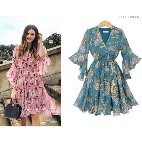 Boho Floral Print Women Dress 2021 Summer Sexy V Neck Petal Sleeves A Line Chiffon Mini Dresses Beach Vacation Sundress vestidos