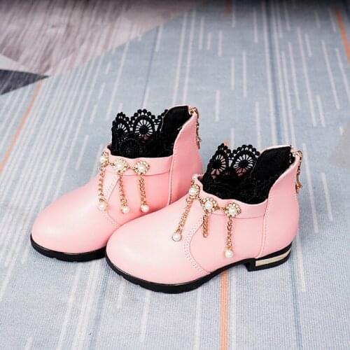 Girls Fashion Ankle Boots Lace Metal Chain Pearl Pointed Toe Princess Girl Winter Boots Warm Low Heel 27-37 Sweet Kids Shoes