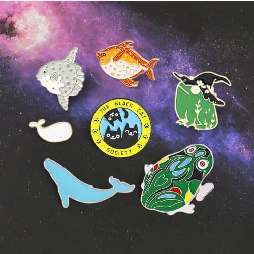 Cats Enamel Pin The black cat society Badge Custom Wizard frog whale dolphin Puffer fish Brooches Lapel Cute Animal Jewelry Gift