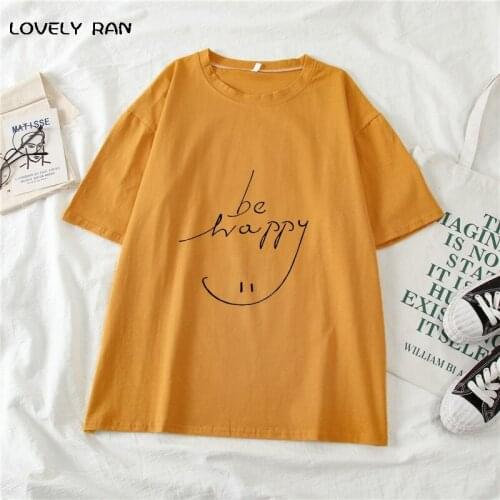 Letter Print Womens TShirts Be Happy Boyfriend Style Short Sleeve O-Neck Girls T-Shirt Couple Top Low Elastic Basic Tees Summer