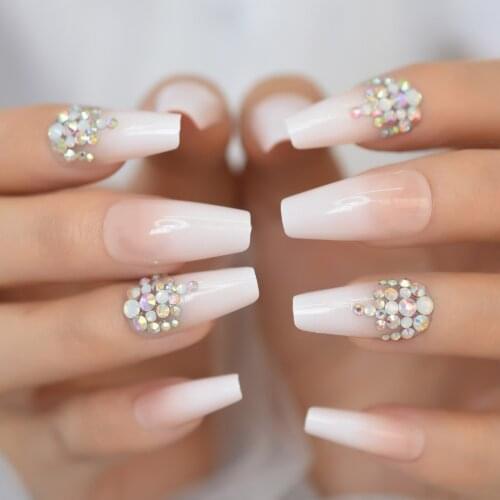 Gradient Coffin Fake Nails Ombre Long False Press On Nail Tips With Rhinestones Pink Nude Shiny Nail Art Salon Learner