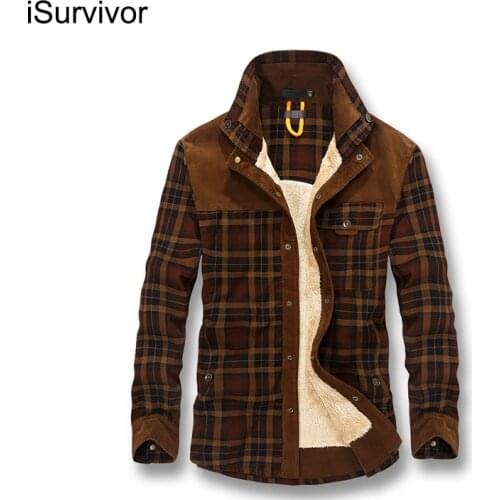 ISurvivor 2020 Men Autumn Winter Thick Fleece Plaid Shirts Camisa Masculina Male Casual Fashion Slim Fit Large Size Winter Shirt