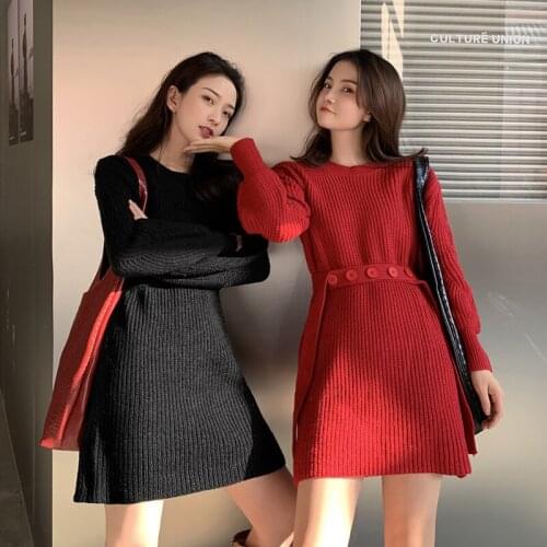 Red Dress Autumn And Winter New Style French Waistband Shows Thin Temperament Knitting Dress Woman