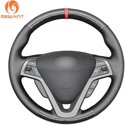 MEWANT Black PU Carbon Fiber Artificial Leather Hand Sew Steering Wheel Covers for Hyundai Veloster 2011 2012 2013 2014-2017