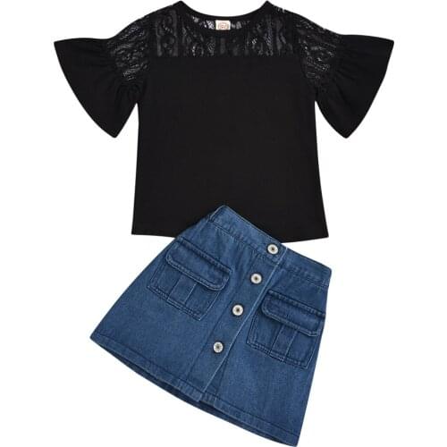 Toddler Kids Clothing Suit Summe Fashion Baby Girl Short Sleeve Black Top T-shirt +Short Skirt 2PCS Outfits Children 2-6 years