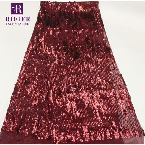 Dazzling Design 2019 Sequins Mesh Lace Fabrics In Burgundy Nigerian Sequined Embroidery Tulle Laces For Women Dress Net Material