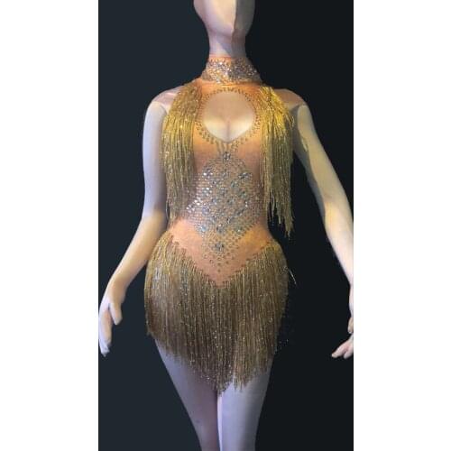 Sexy Sparkly Gold Tassel Bodysuit Rhinestones Outfit Glisten Beads Costume One-piece Dance Wear Singer Jumpsuit Stage Dresses