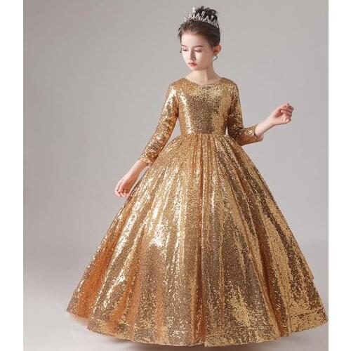 Golden little girls dresses floor length ball gowns for kids birthday party dress for girls fancy flower girls dress 2-14T L120