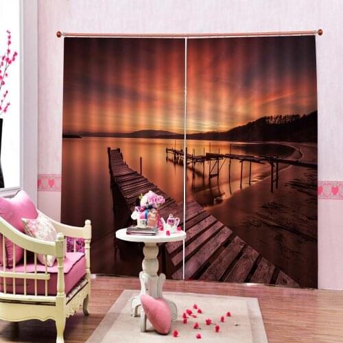 Custom Seaside Natural Scenery Curtains Sunset at Seaside with Wooden Bridge Blackout Drapes For Living room bedorom Decor Sets