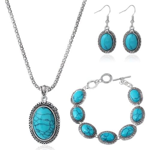 Silver Plated Oval Shape Green Turquoises Stone Necklace Drop Earrings Bracelet Fashion Jewelry Sets