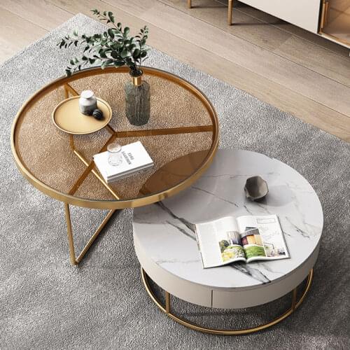 Luxury modern small white marble stone coffee table round gold stainless steel legs glass coffee table living room set