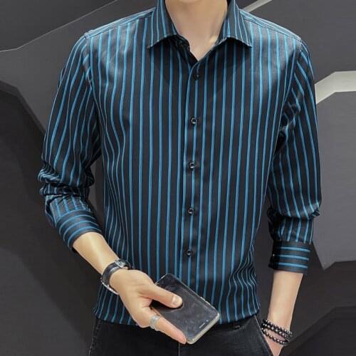 Youth Fashion Classic Mens Striped Shirts Business Casual Long Sleeve Button Up Slim Fit Easy Care Stretch Shirt 4XL 5XL