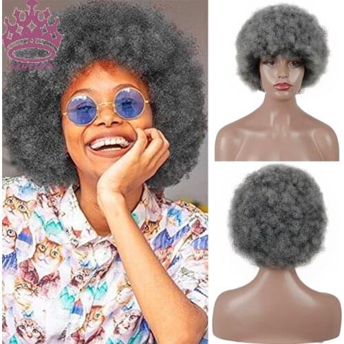 AZQUEEN Short Grey Afro Kinky Curly Synthetic Wigs for Women Fluffy Heat Resistant Synthetic Party Cosplay Wigs with Bangs