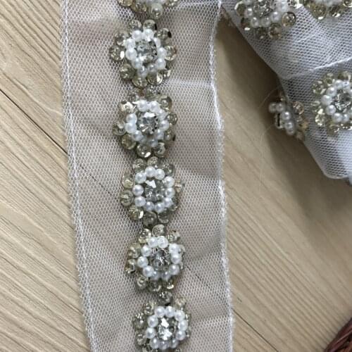 Rhinestone Pearl Beaded Trim with Gold Sequins for DIY Beaded Detailed Bridal Sash New Arrival 2017