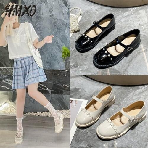HMXO Hottie Strap Mary Jane Shoes Female Retro Leather Shoes Female Shallow Mouth Student Shoes Female Pearl Flat Peas Shoes