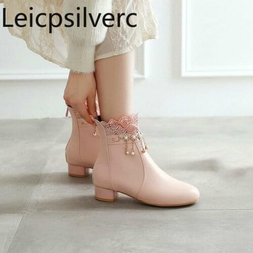 Womens Boots The New winter zipper tassel pearl fashion Low-heeled Ankle boots Womens shoes plus size 28-43 Heel Height 2.5cm