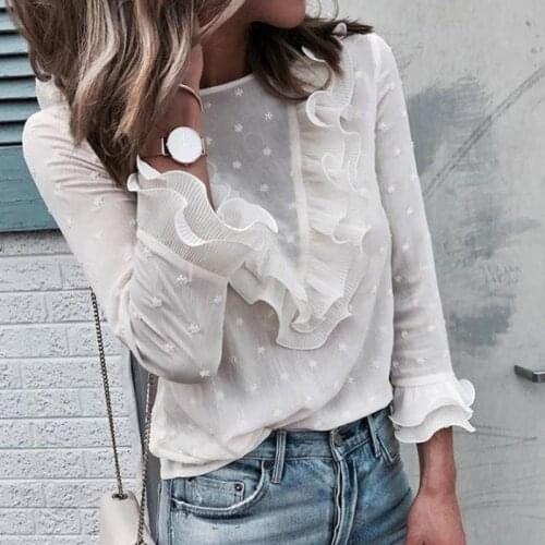 Women Ladies Blouses And Tops Casual Ruffles Lace Polka Dot O Neck Shirt Long Sleeve Blouse blusas mujer de moda 2019