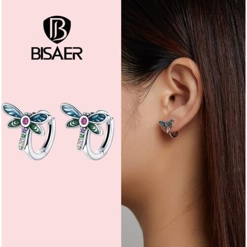 BISAER 925 Sterling Silver Clear CZ Dragonfly Earring For Women Summer New Stud Earrings Green Fashion Silver Jewelry ECE1172