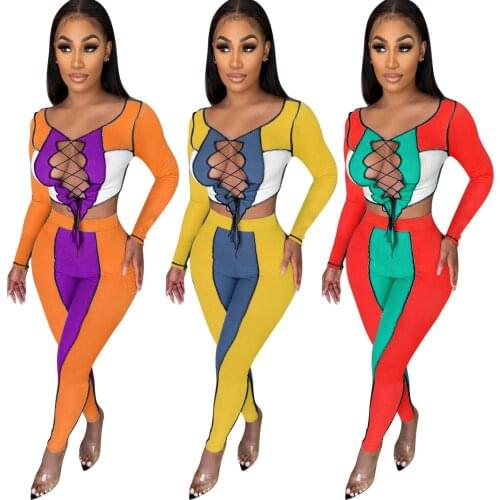 Lace-Up Rib Stitching Two Piece Set Fall Women Long Sleeve Bandage Hollow Out Crop Top Slim Pants Matching Set Casual Streetwear
