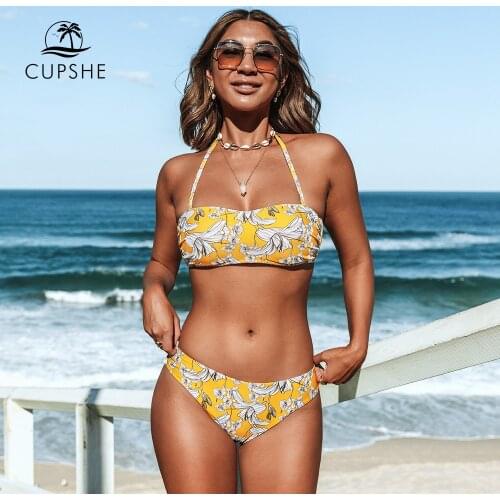 CUPSHE Push Up Halter Lace Up Bandeau Bikini Set Swimsuit For Women Reversible Bottom Two Pieces Swimwear Beach Bathing Suit