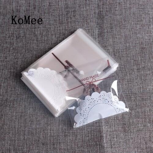 100Pcs Cute lace bow Print self-adhesive Gifts Bags Christmas Cookie packaging plastic bags for biscuits Candy Cake package bags