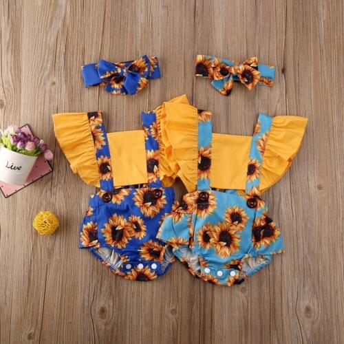 2PCS Newborn Baby Kids Girl Sunflower Romper Jumpsuits+Headband Outfit Set Clothes Summer