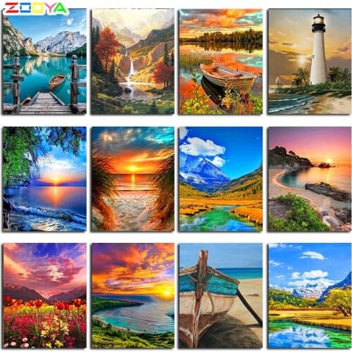 Full Round Diamond 5D Diy Diamond Painting Landscape Lake Boat Diamond Embroidery Kit Landscape Painting Mosaic Home Decor Lx811