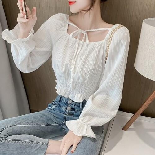 Chikichi Square Collar Shirt Korean Fashion Design Fall 2021 New Short Lace Up Shirt Long Sleeve Chiffon Top Women