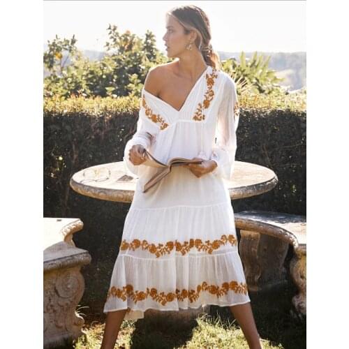 DUISNENA long boho white dress red floral embroidered v-neck women dresses long sleeve casual robe vestidos