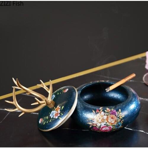 Chinese Vintage Ceramics High Temperature Ashtrays Round Flowers Antler Decor Living Room Desk Office Desk Ash Storage Tray Box