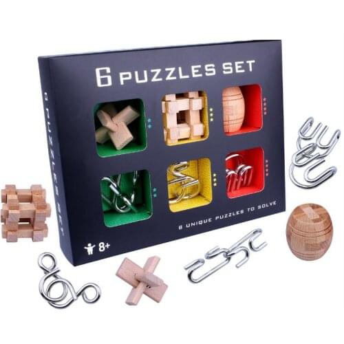 Classic 6PCS/Set Wooden Metal Puzzles Brain Teaser Game Gift Toy for Adults Children