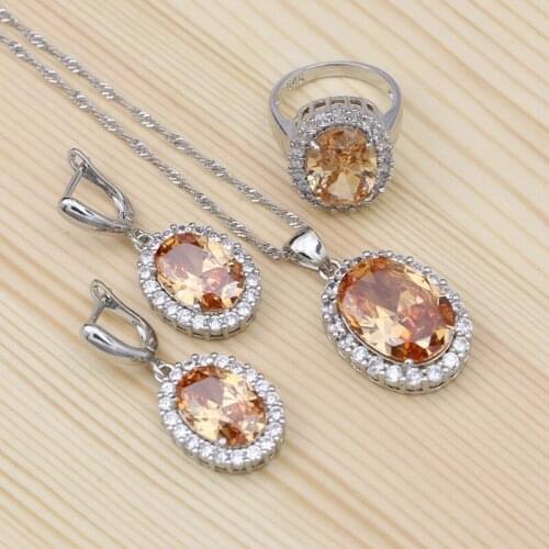 Champagne Cubic Zirconia White Crystal Silver 925 Jewelry Sets For Bride Wedding Accessories Pendant Necklace Ring Earrings
