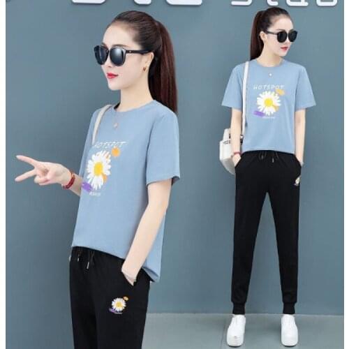 Korean Two Piece Set Casual Pant Suits Women Summer Clothing Little Daisy Fashion Large Size Short Sleeve Lavender Blue White