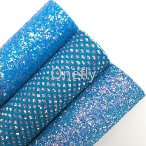 Onefly BLUE Chunky Glitter Leather, Faux Leather Glitter Fabric Sheets For Bow DIY handbags shoes AF011