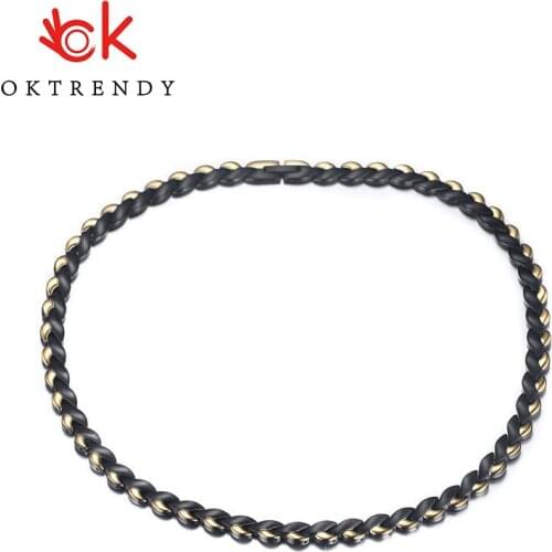 OKtrendy Magnetic Stainless Steel Necklaces 8mm Wide Gold-black Color Leaf Shape Health Energy 49cm Long Necklace For Women Men