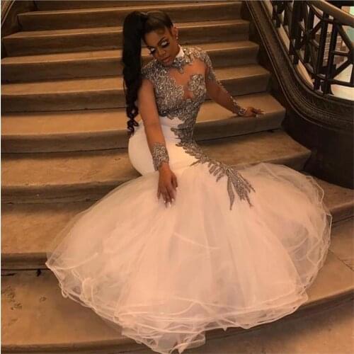 African Black Girls Mermaid Prom Dresses 2020 New Sheer Long Sleeve Appliques Sequins Ruched Tulle Long Evening Gowns Vestido de