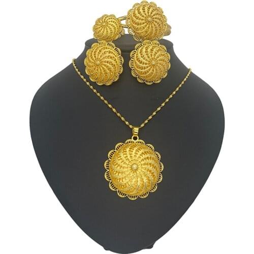 24K Gold color jewelry sets for women African bridal wedding gifts party Bracelet round Necklace earrings ring sets jewellery